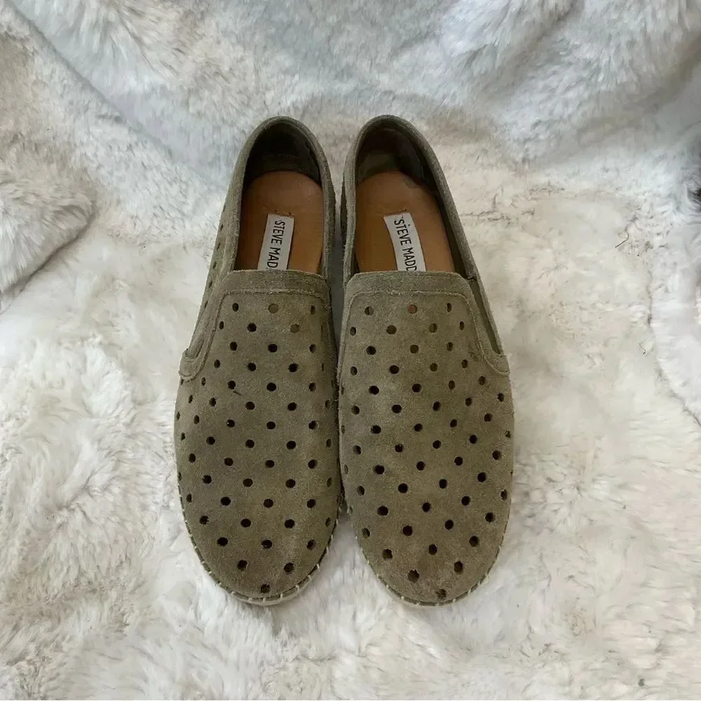 Steve Madden Widmer olive green leather suede perforated platform espadrilles 7B